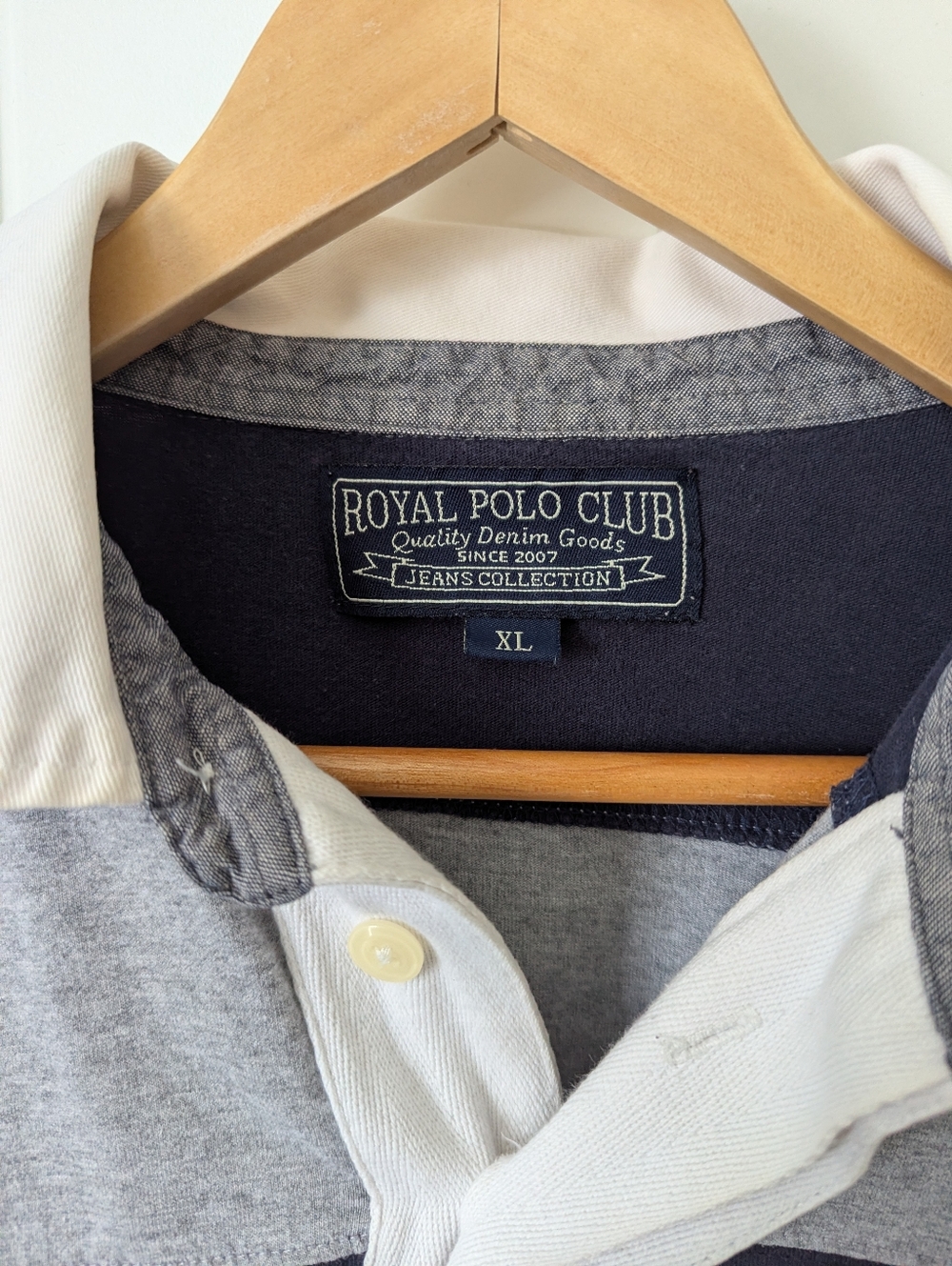 Striped Rugby Shirt with Crest - Navy & Gray XL - Picture 5 of 5